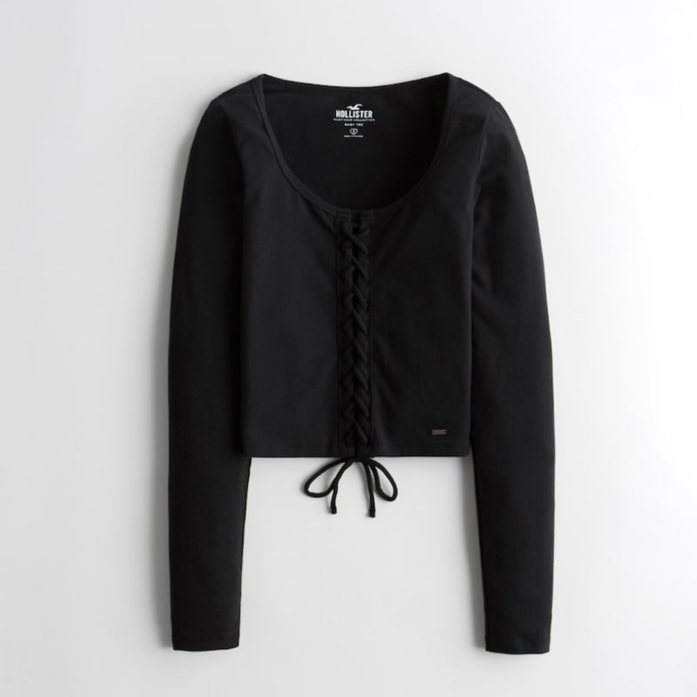 Hollister Black Long Sleeve Lace Up T-Shirt Cardigan Cropped Size M Medium